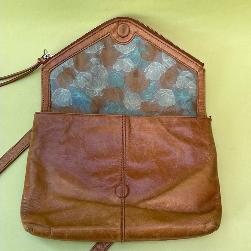 Caramel HOBO Crossbody Leather Bag with Fold-Over Flap and Adjustable Strap - Picture 12 of 13